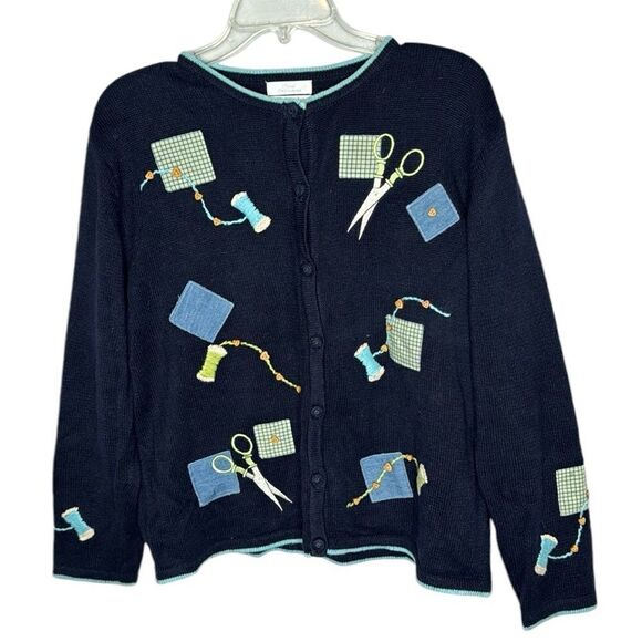 Christopher & Banks Y2K Embroidered Sewing Motif Cardigan Sweater. Size Large. - Picture 1 of 10